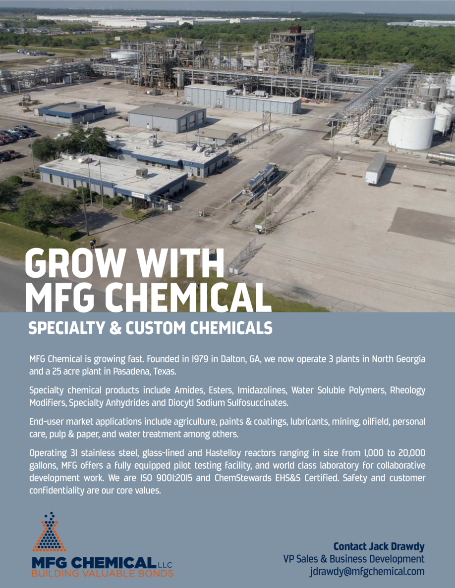 GROW WITH MFG CHEMICAL  SPECIALTY   CUSTOM CHEMICALS MFG Chemical is growing fast. Founded in 1979 in Dalton, GA, we now o...